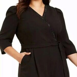 Calvin Klein Women's Black Surplice V Neck Rhinestone Jumpsuit Plus Sleeves 14W